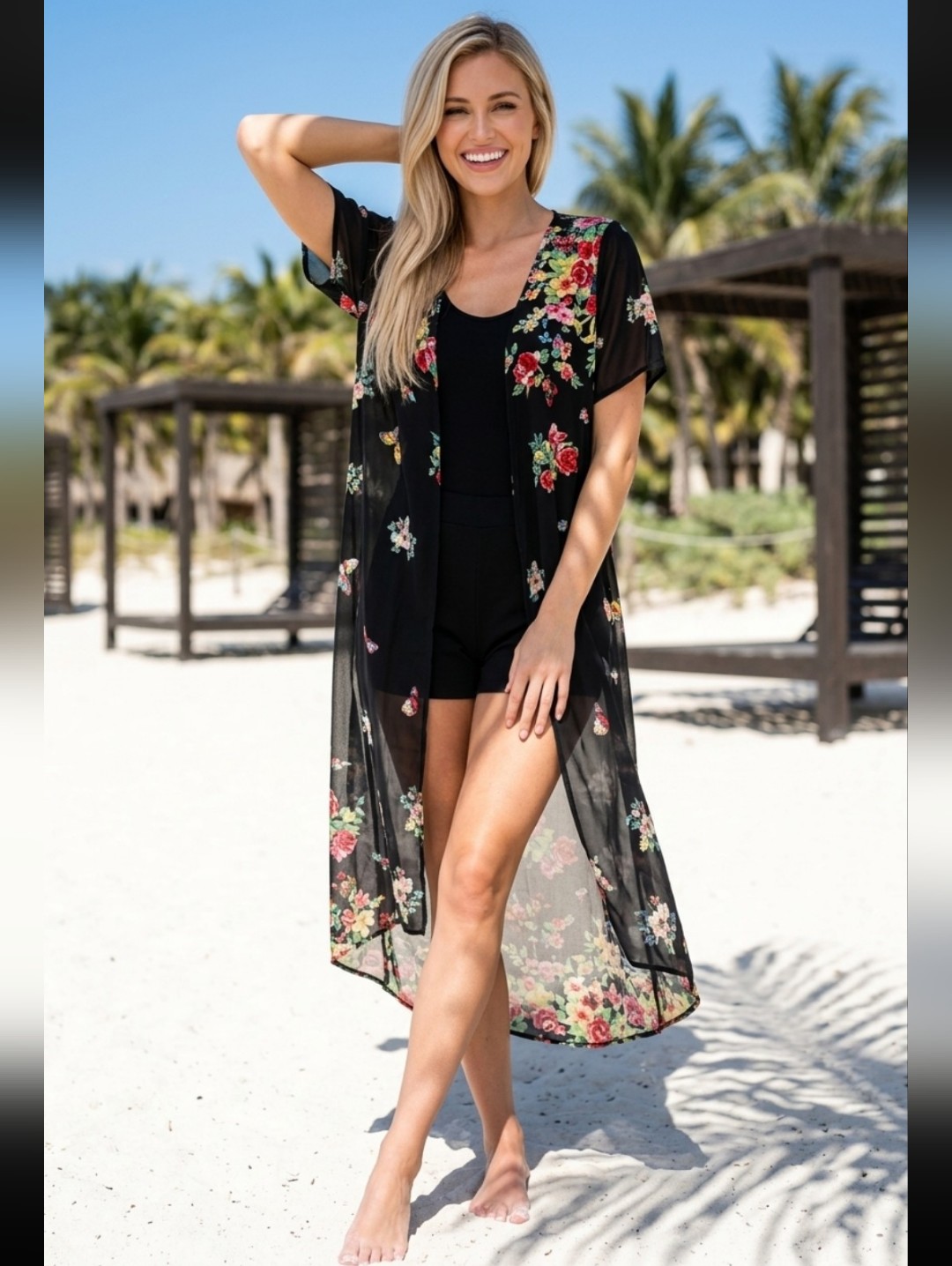Floral Black Sheer Swim Coverup Short Sleeve Size Large